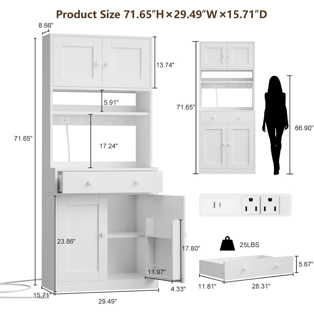 Korfile 71" Tall Kitchen Pantry Storage Cabinet With Power Outlet & Led Light, Freestanding Food Pantry Cabinet With 4 Doors And Shelves, Cupboard With Drawer, Hutch With Microwave Stand, White