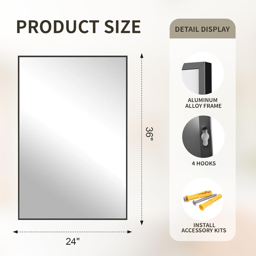 FICTOR Bathroom Vanity Mirror-Black, 36" x 24", Shatterproof & Anti-Rust, Wall Mount Rectangle Mirrors with Metal Frame for Over Sink, Bathroom, Bedroom, Living Room,Entryway