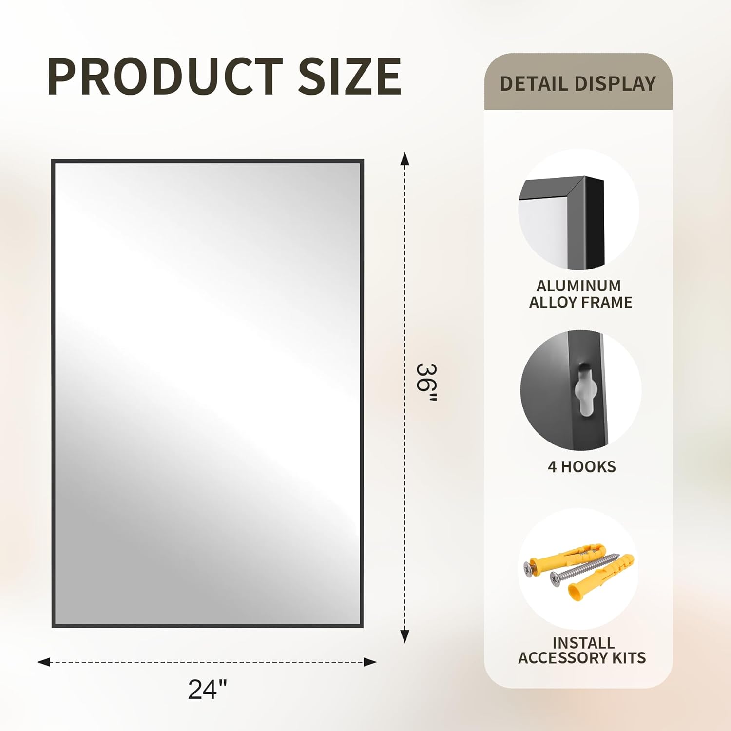 FICTOR Bathroom Vanity Mirror-Black, 36" x 24", Shatterproof & Anti-Rust, Wall Mount Rectangle Mirrors with Metal Frame for Over Sink, Bathroom, Bedroom, Living Room,Entryway