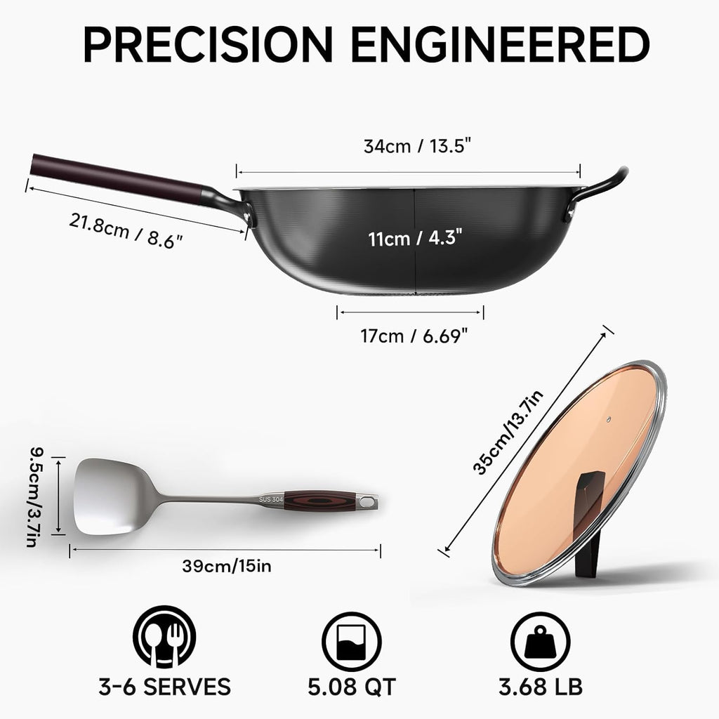 13.5" Carbon Steel Wok Pan - Pre-Seasoned Flat Bottom Woks & Stir-fry Pans Chinese Cookware with Lid & Spatula - For Pan-fry,Stir Fry, Steam, BBQ & Camping - Compatible with Induction, Gas
