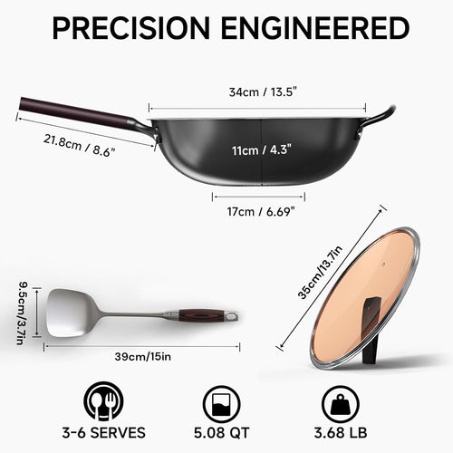 13.5" Carbon Steel Wok Pan - Pre-Seasoned Flat Bottom Woks & Stir-fry Pans Chinese Cookware with Lid & Spatula - For Pan-fry,Stir Fry, Steam, BBQ & Camping - Compatible with Induction, Gas