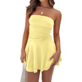 Ybskg Women Sexy Tube Top Silk Dress Strapless Ruched Waist Ruffle Tiered Layer Mini Dress Party Short Dresses