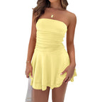Ybskg Women Sexy Tube Top Silk Dress Strapless Ruched Waist Ruffle Tiered Layer Mini Dress Party Short Dresses