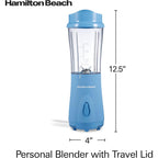 Hamilton Beach Portable Blender for Shakes and Smoothies, 14 Oz BPA Free Travel Cup & Lid, Durable Stainless Steel Blades, Personal Smoothie Blender, Tranquil Blue (51172)