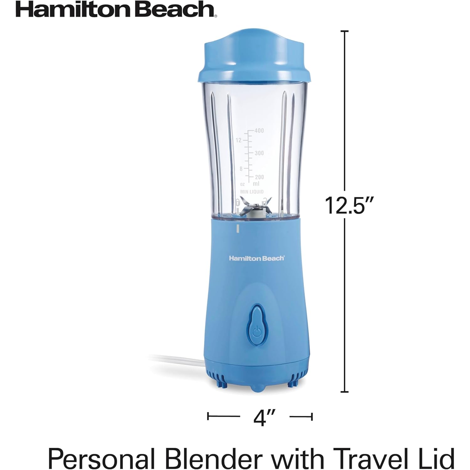 Hamilton Beach Portable Blender for Shakes and Smoothies, 14 Oz BPA Free Travel Cup & Lid, Durable Stainless Steel Blades, Personal Smoothie Blender, Tranquil Blue (51172)