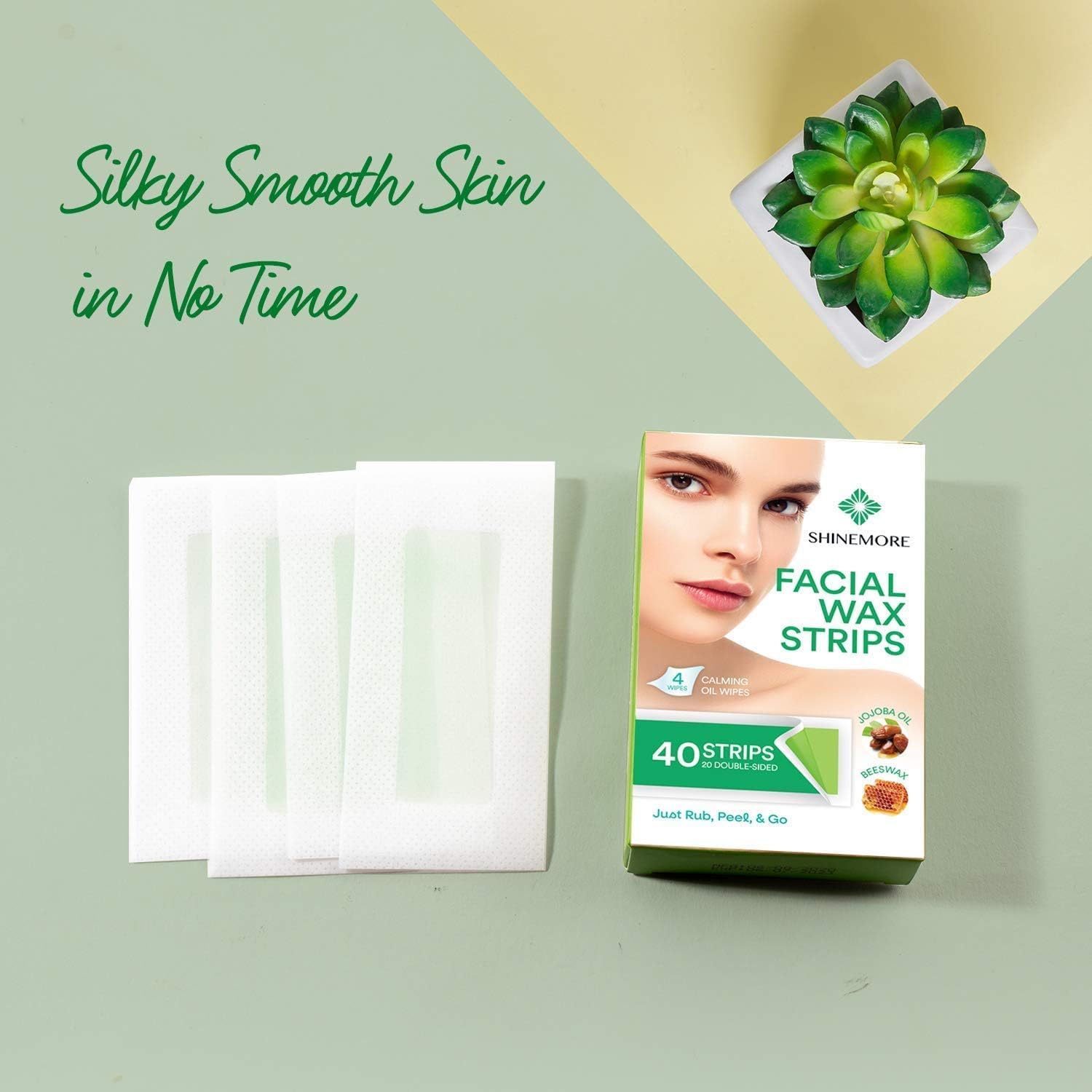 ShineMore Facial Wax Strips for Hair Removal - Hypoallergenic for All Skin Types - Gentle and Fast-Working for Face, Eyebrow, Upper Lip, and Chin (40 Strips + 4 Calming Oil Wipes NATURE Ingredients)