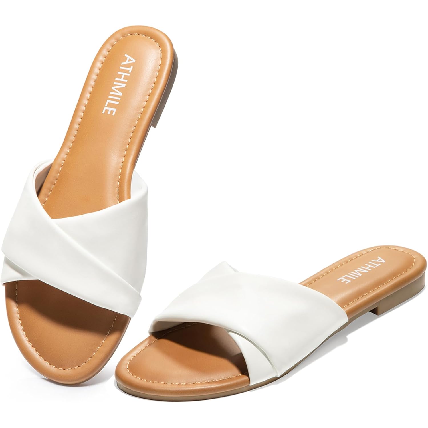 Athmile Sandals For Women 2026 Dressy Summer Flat Comfortable Fashion Beach Cute Ladies Slides Leather Casual Dress Women'S Sandals Size 6-11