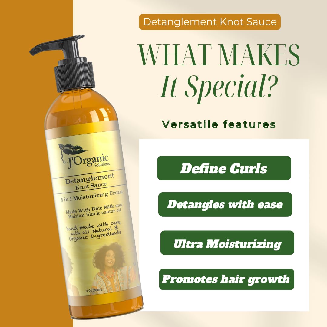 J'Organic Solutions Knot Sauce Detangler/Leave-In Cream with Haitian Castor Oil for Curly, Kinky, Coily 4C Hair - Natural Hydration & Anti-Breakage