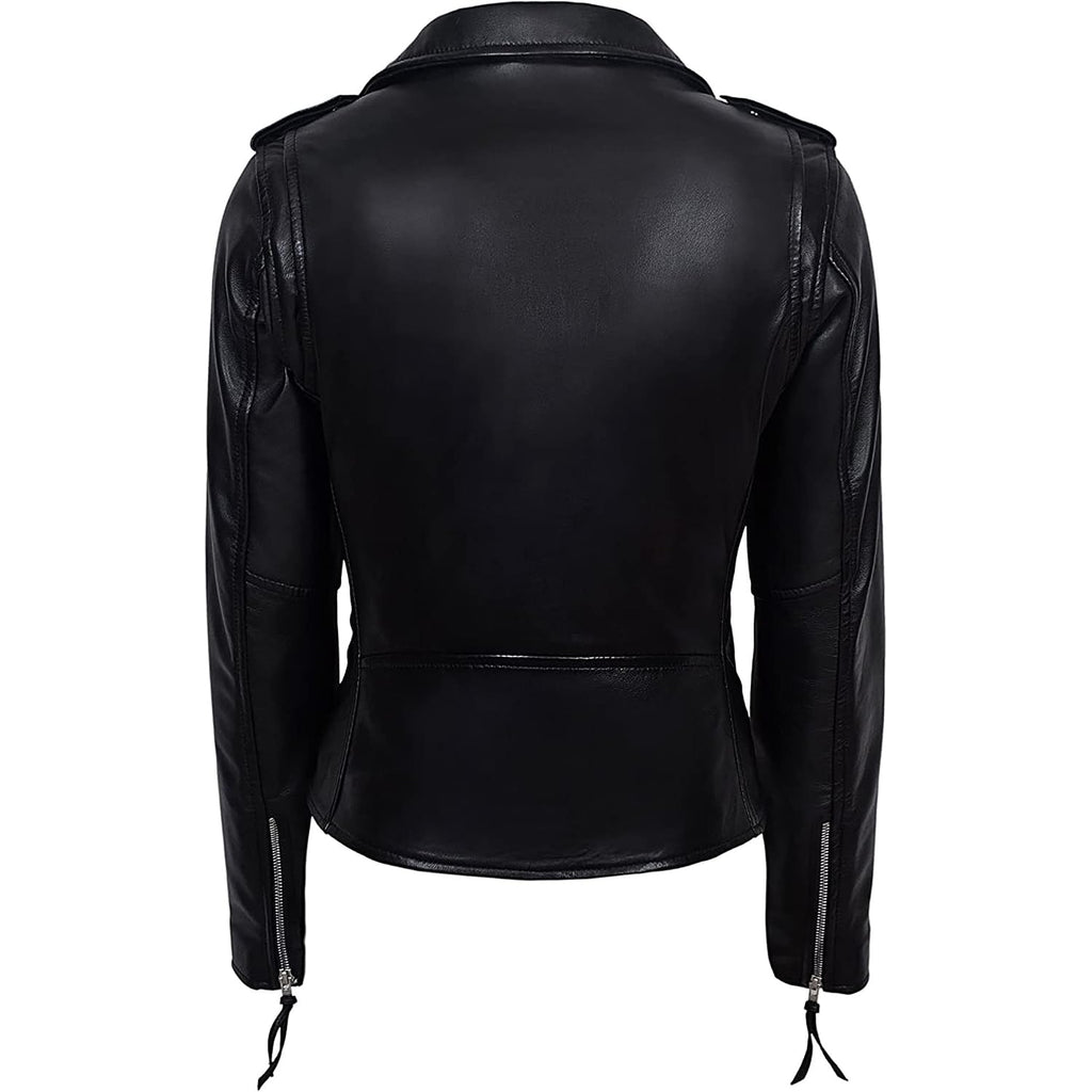 Valentine Romance Ladies Black With Red Lining Real Leather Brando Fitted Urban Look Biker Jacket