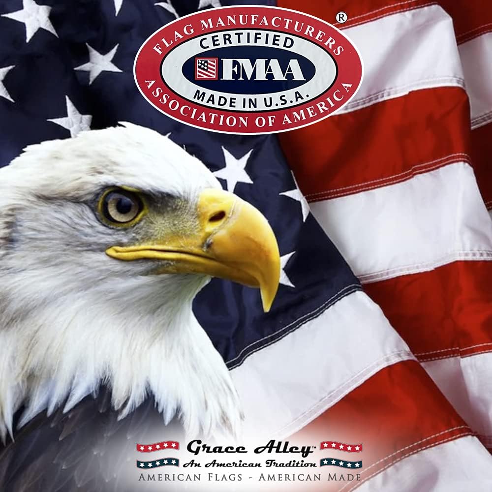 Grace Alley American Flag: 3X5 Ft Us Flag - 100% Made In Usa. Embroidered Stars, Sewn Stripes And Brass Grommets. Fade Resistant, Heavy Duty, Long Lasting Nylon For Outdoor Durability.