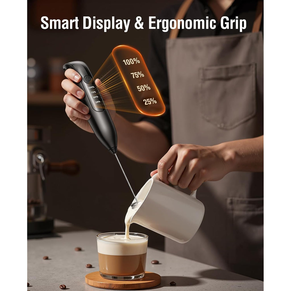 Electric Milk Frother Handheld: Coffee Frother Rechargeable 𝟑 𝐢𝐧 𝟏 - Led Display, Adjustable Wireless Charging - 3 Speeds, Stainless Steel Whisk For Latte, Cappuccino - Bright Black