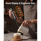 Electric Milk Frother Handheld: Coffee Frother Rechargeable 𝟑 𝐢𝐧 𝟏 - Led Display, Adjustable Wireless Charging - 3 Speeds, Stainless Steel Whisk For Latte, Cappuccino - Bright Black