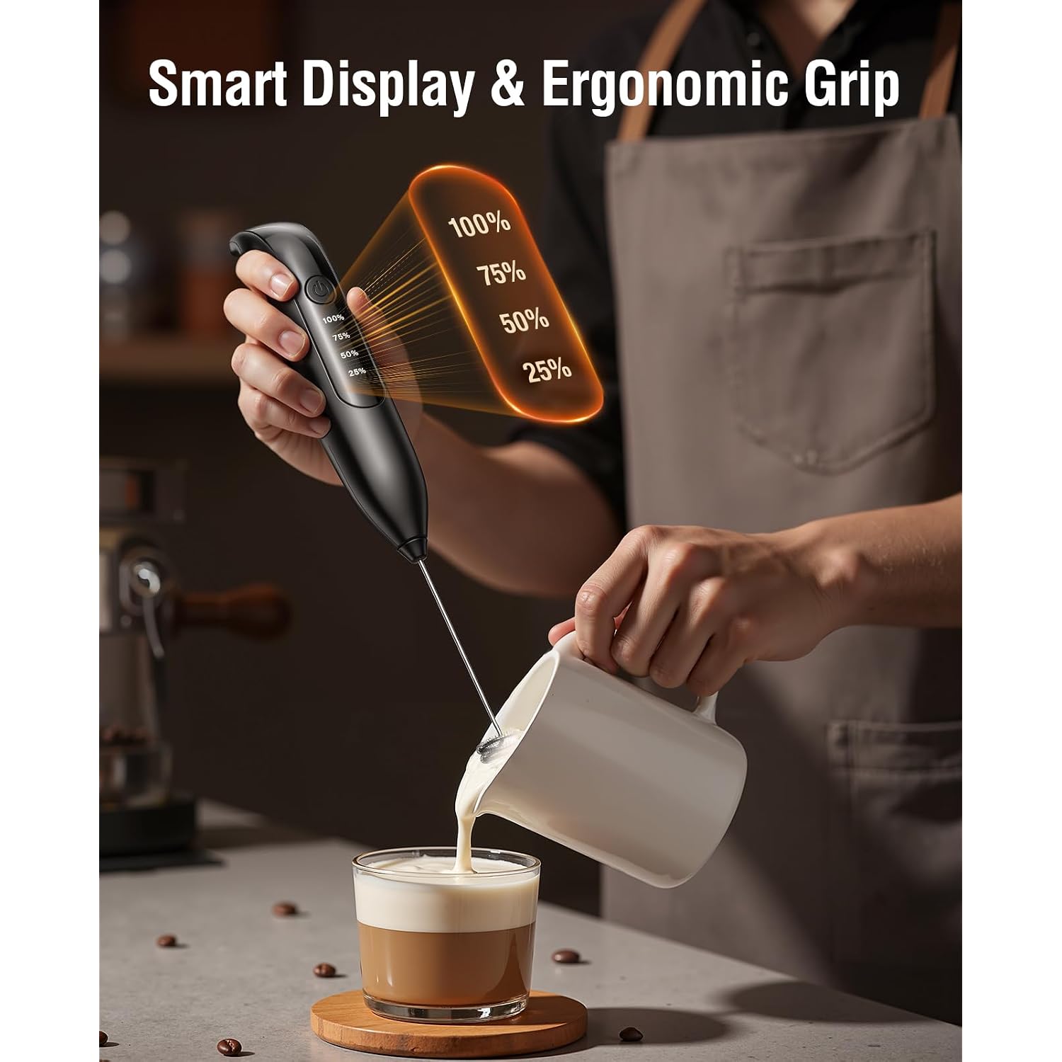 Electric Milk Frother Handheld: Coffee Frother Rechargeable 𝟑 𝐢𝐧 𝟏 - Led Display, Adjustable Wireless Charging - 3 Speeds, Stainless Steel Whisk For Latte, Cappuccino - Bright Black