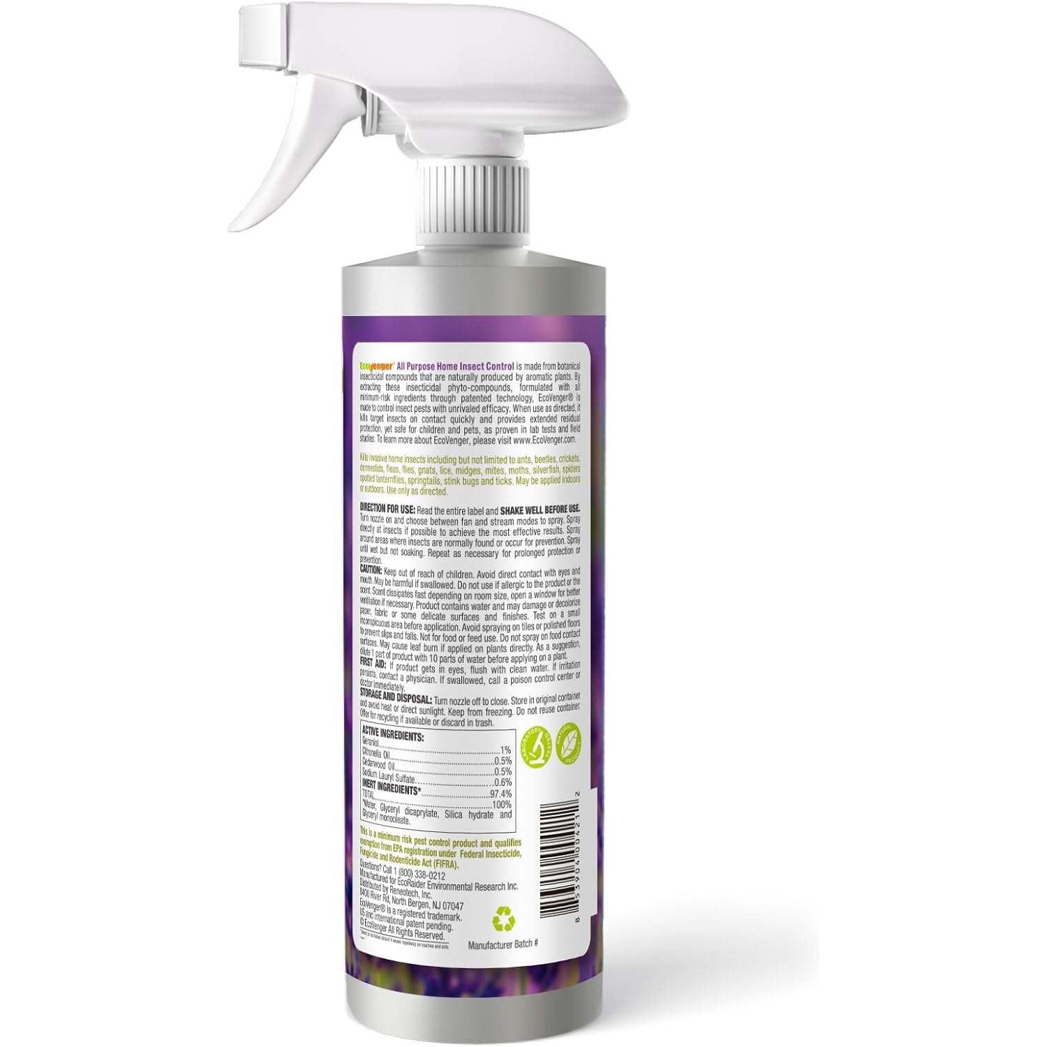 Ecovenger By Ecoraider All Purpose Insect Control 16 Oz, Fleas, Fruit Flies, Gnats, Moths, Roaches, Spiders, Fast Kill, Lasting Prevention, Kill Eggs, Plant Extract Based & Non-Toxic, Child & Pet Safe