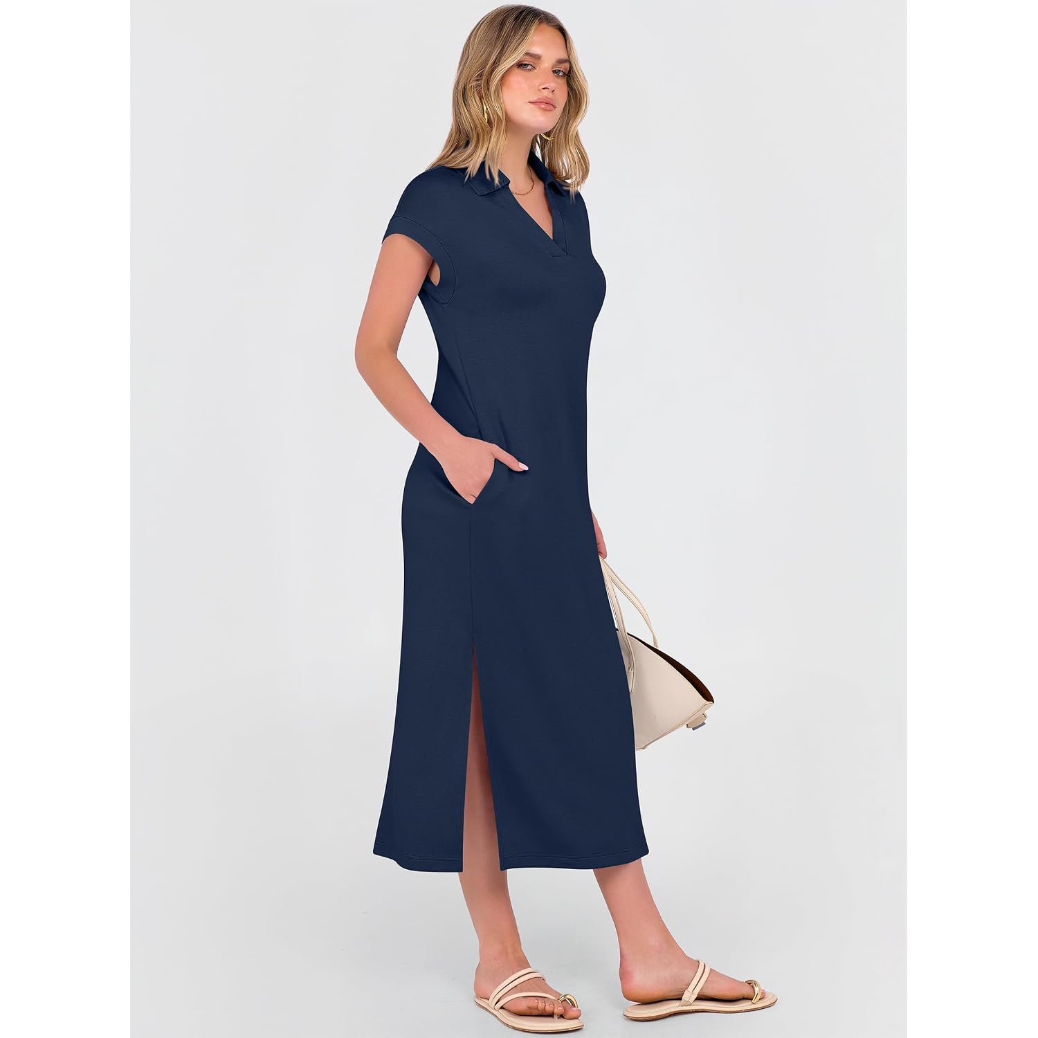 Anrabess Womens Summer Casual Polo V Neck Dresses | Short Sleeve Split Tshirt Maxi Dress With Pockets, Soft Wrinkle-Free Loose Fit, Beach Vacation Travel Outfit, Summer Clothes