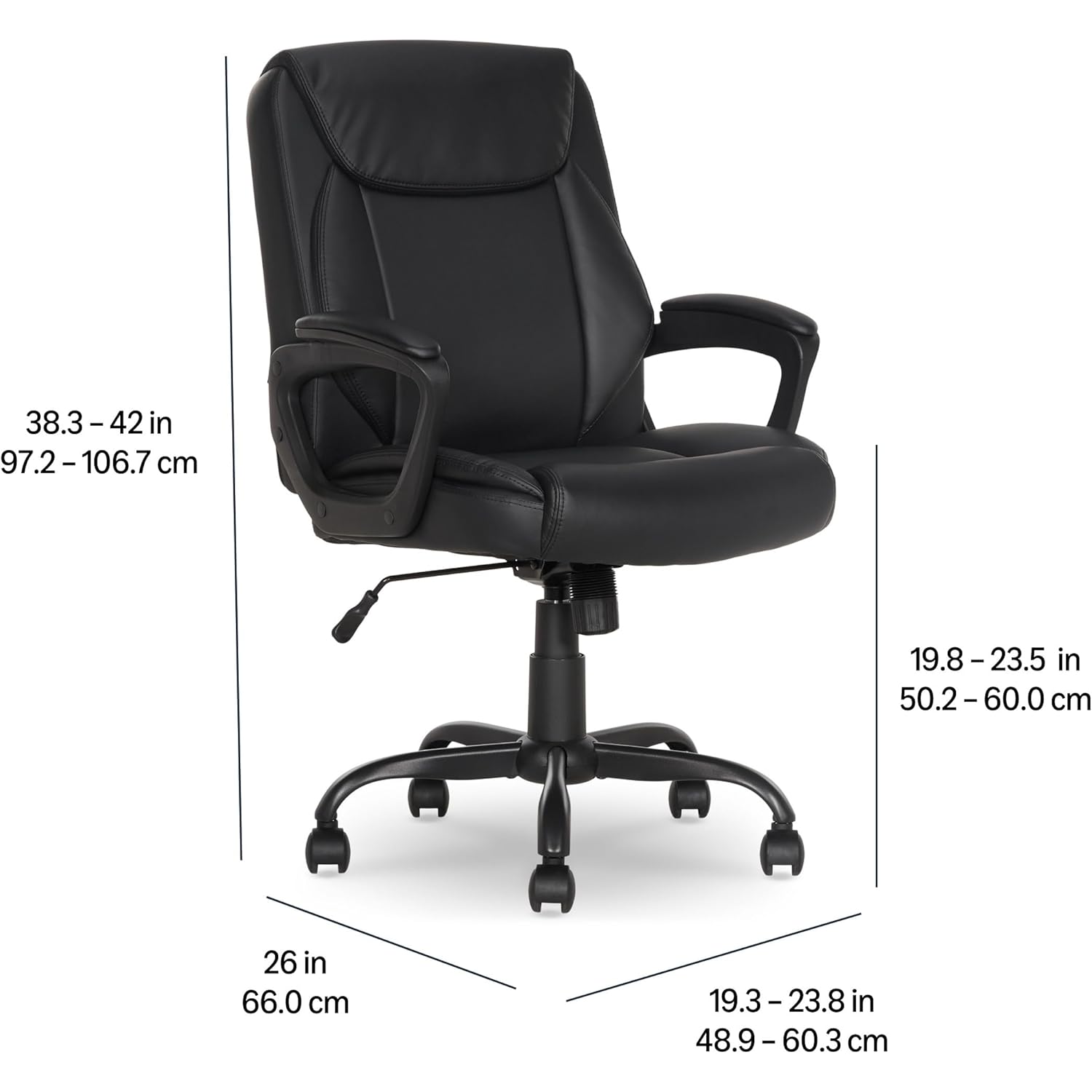 Amazon Basics Classic Puresoft PU Padded Mid-Back Office Desk Chair with Armrest, Easy Assembly, Sturdy Metal Base, Wheels, 275lb Support, 26"D x 23.75"W x 42"H, Black