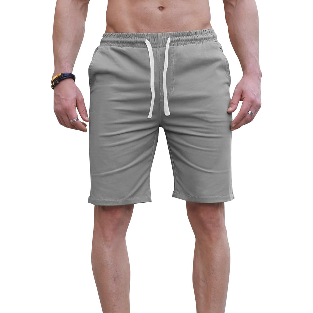 Hungson Mens Casual Shorts 9" Chino Cotton Shorts Summer Beach Drawstring Shorts With Pockets