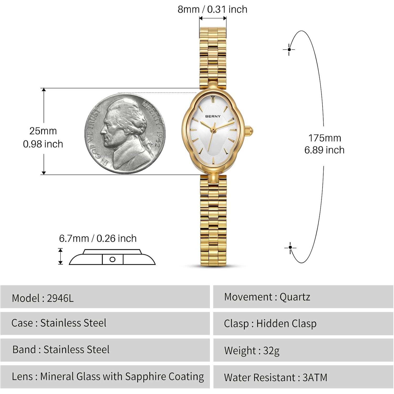 Berny Watches For Women Dainty Ladies Quartz Watch Vintage Copper Mirrors Shape Japanese Quartz Movement 3Atm Waterproof Fashion Female Wrist Watch Luxury Birthday Gifts