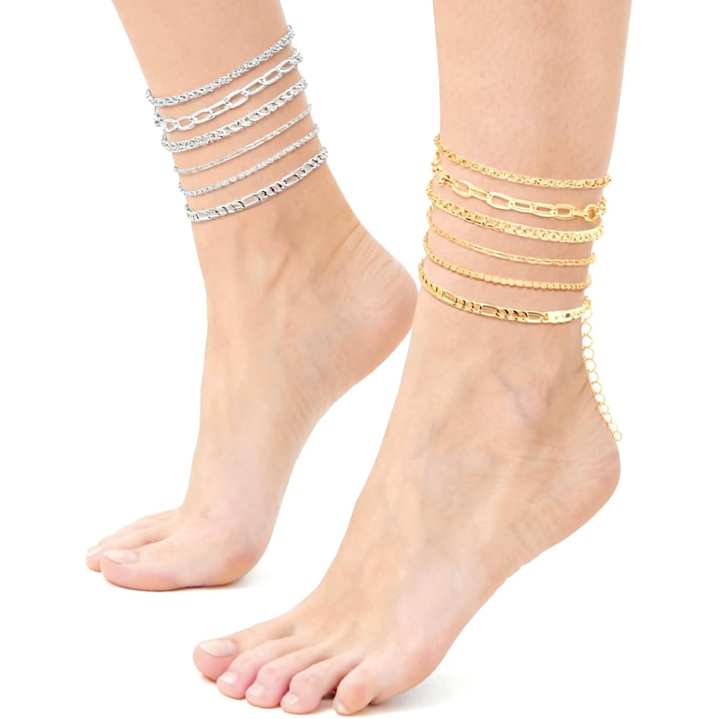 Gold Silver Ankle Bracelets for Women 12 Pcs Cuban Anklet Link Chain Set Multi-layered Wear Boho Bracelet Set Summer Beach Jewelry Accessories