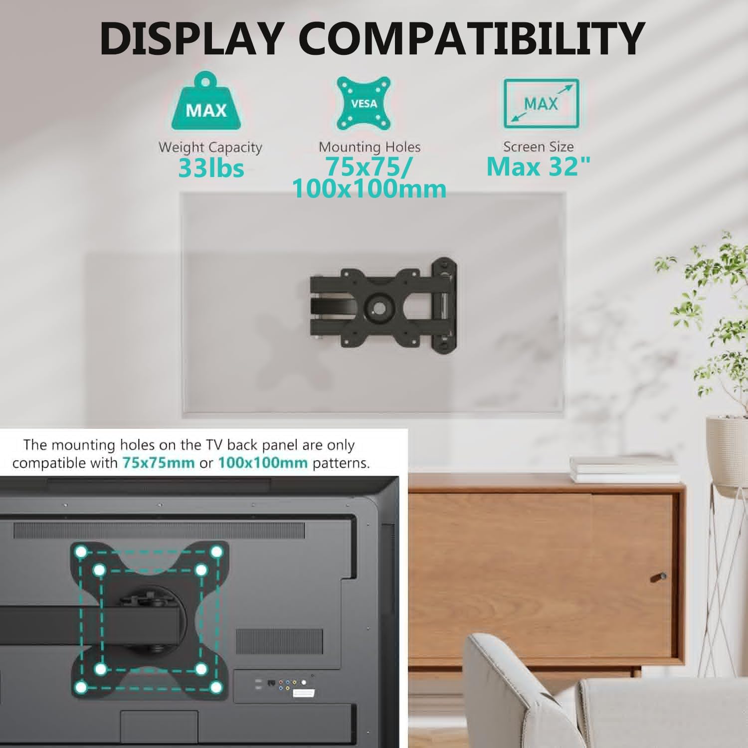 WALI TV Wall Mount Articulating LCD Monitor Full Motion 15 inch Extension Arm Tilt Swivel for Most 13 to 32 inch LED TV Flat Panel Screen with Mounting Holes up to 100x100mm (1330LM), Black