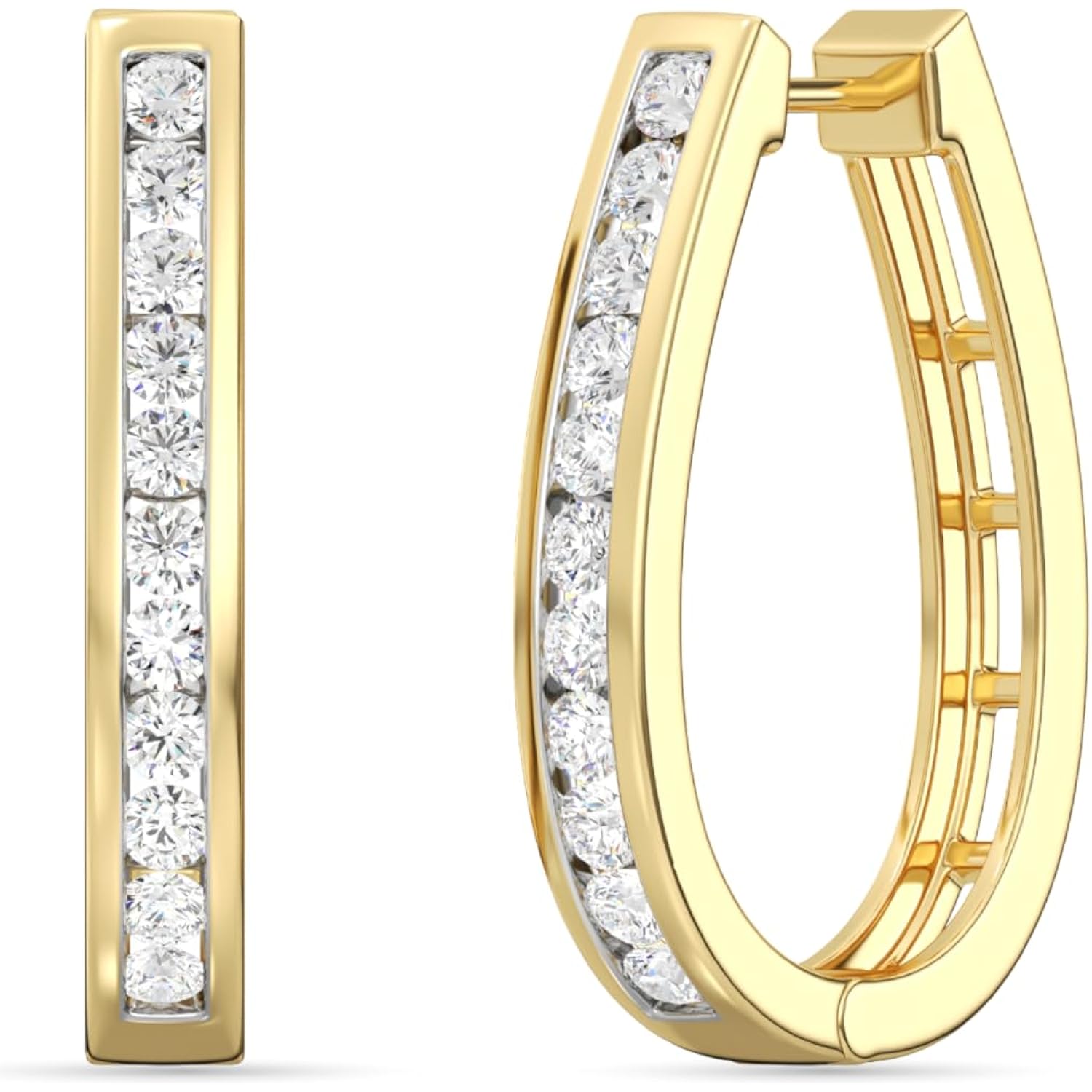 Gilded Lab-Grown Diamond Channel Set Hoop Earrings for Women in 925 Sterling Silver and 14KT Yellow Gold Plated Silver | Hypoallergenic Fine Jewelry | Hinged Closure | SI1 Clarity, F Color |1/4,1/2, 1 Carat Total Weight