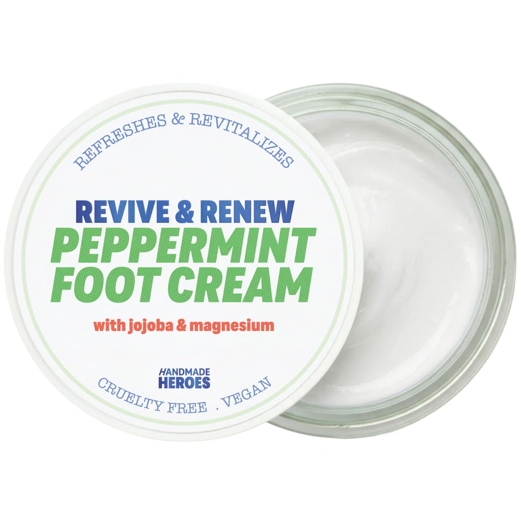 Handmade Heroes Revive & Renew Peppermint Foot Cream with Jojoba & Magnesium - Cooling Foot Relief for Tired, Dry Feet, Rough Heels & Calluses, 1.7 oz