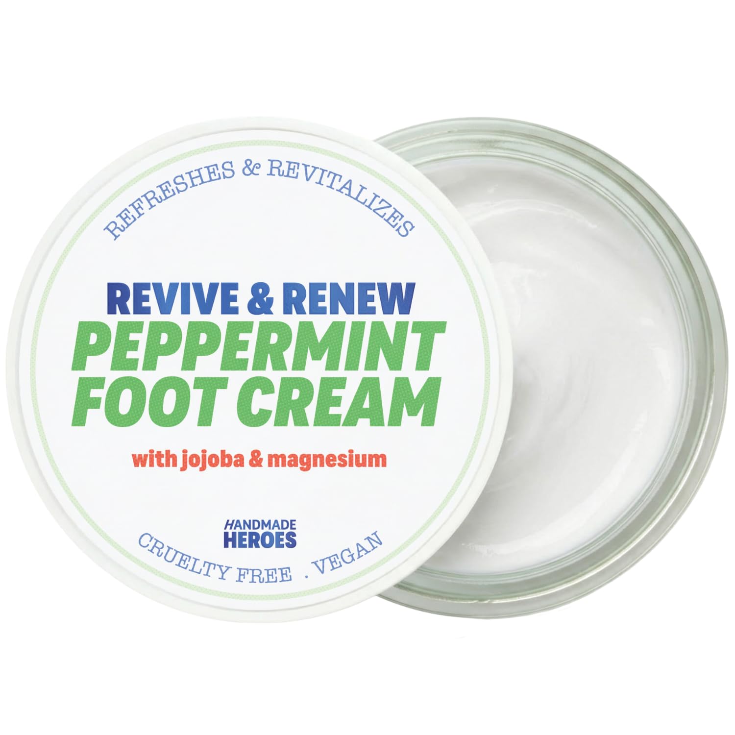 Handmade Heroes Revive & Renew Peppermint Foot Cream with Jojoba & Magnesium - Cooling Foot Relief for Tired, Dry Feet, Rough Heels & Calluses, 1.7 oz