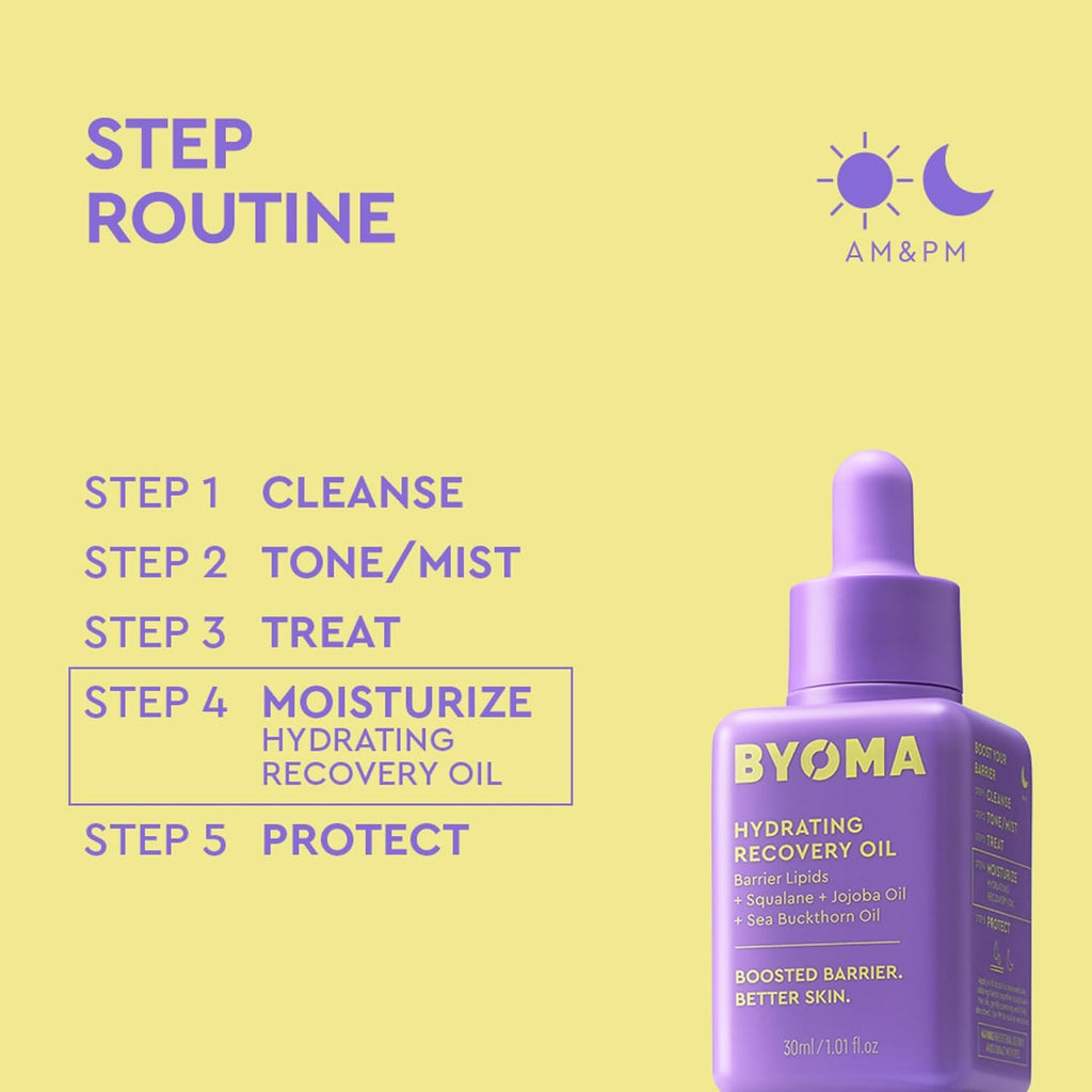 Byoma Hydrating Recovery Oil - Luxury Face Oil With Squalane, Jojoba Oil & Seabuckthorn Oil - Instant Radiant And Glowy Skin - Barrier Repair Facial Oil - 1.01 Fl. Oz