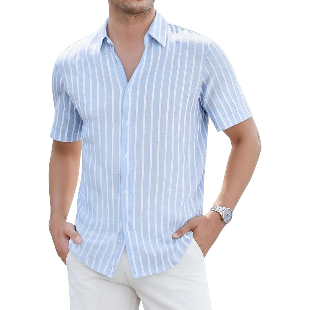 Damipow Mens Linen Shirts Short Sleeve Cotton Striped Casual Button Down Shirt Beach Vacation Summer Shirts