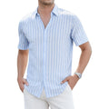 Damipow Mens Linen Shirts Short Sleeve Cotton Striped Casual Button Down Shirt Beach Vacation Summer Shirts