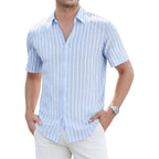 Damipow Mens Linen Shirts Short Sleeve Cotton Striped Casual Button Down Shirt Beach Vacation Summer Shirts