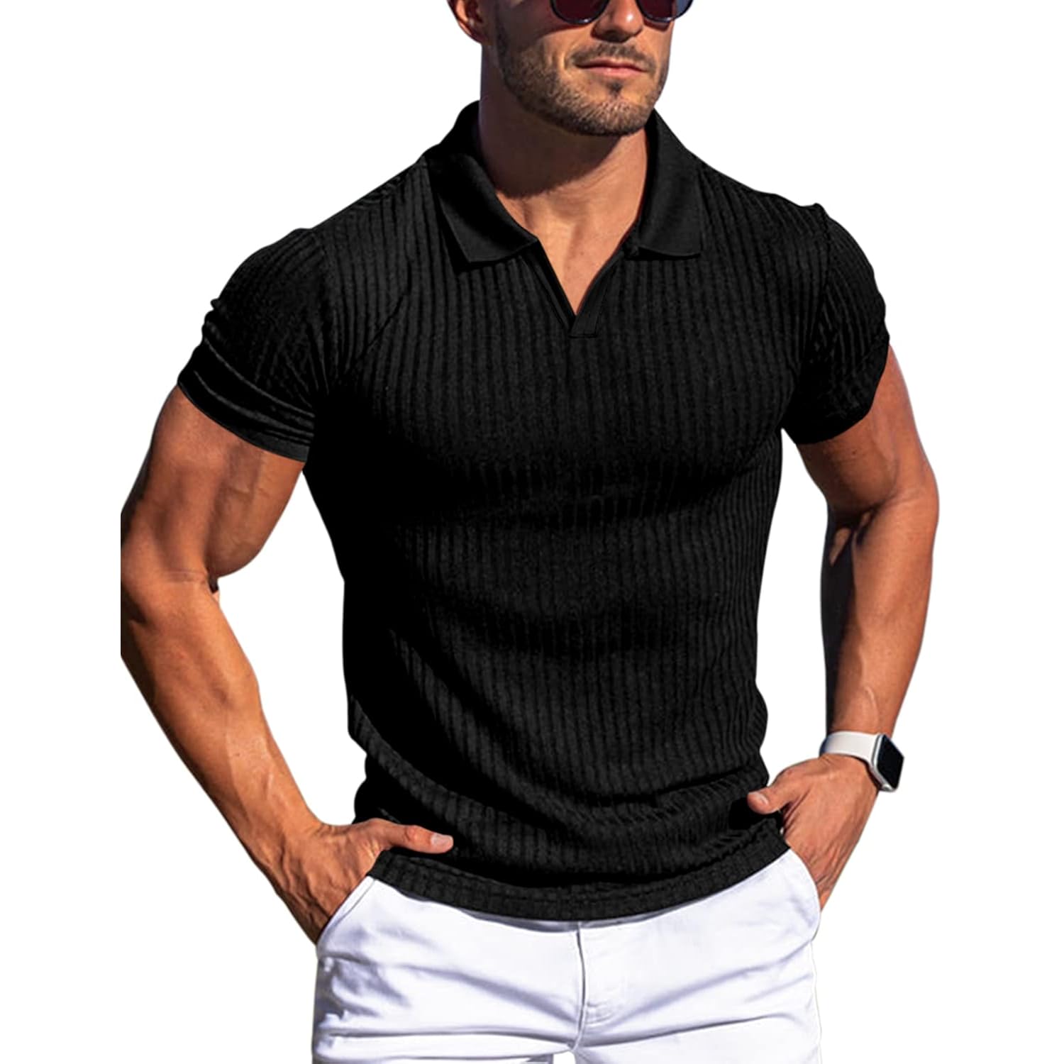 Men'S Muscle V Neck Polo Shirts Slim Fit Short Long Sleeve Cotton Golf T-Shirts Ribbed Knit Soft Tees