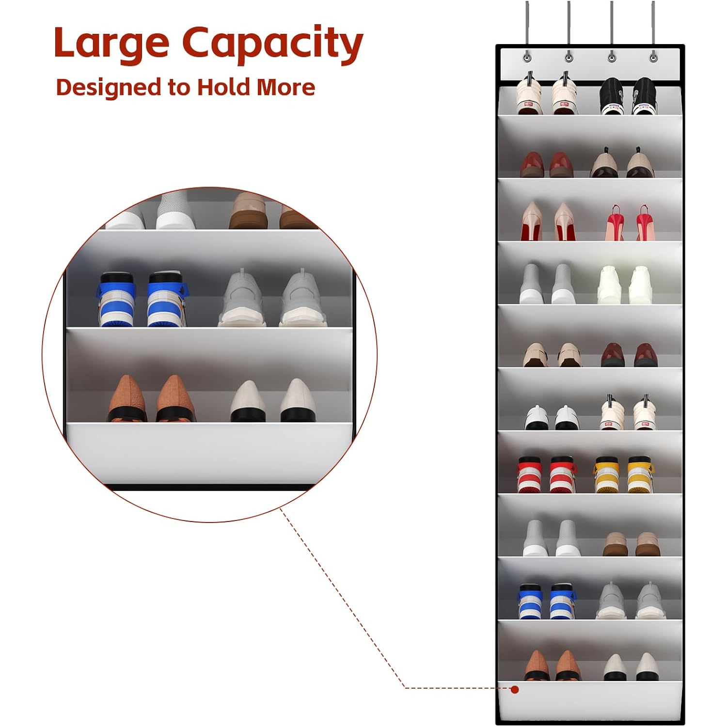 Keepjoy 10 Tiers White Over Door Shoe Organizer Storage, Hanging Shoe Holder For Door With Large Deep Pockets, Fit 20-30 Pairs Shoe Rack For Sneakers, Boots (White)