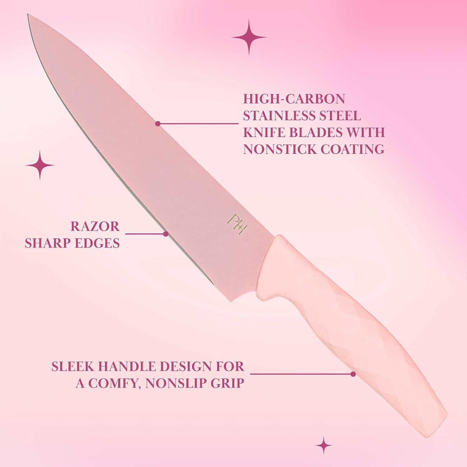 Paris Hilton Knife Block Set With Fan Style Clear Acrylic Knife Block, Premium Stainless Steel Blades With Nonstick Coating, Comfort Grip Handles, 16-Piece Set, Pink And Gold