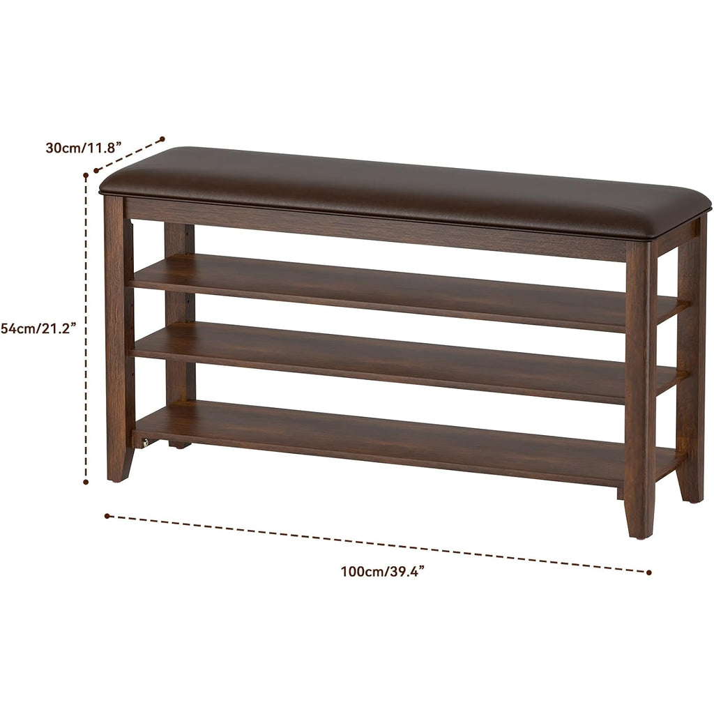 Shoe Rack Bench Entryway Storage With Leather Cushion, Shoe Organizer Bench For Entryway, Ideal For Front Doors Entrances Hallway Mudroom Featuring Rubberwood And 3 Height-Adjustable Removable Shelve