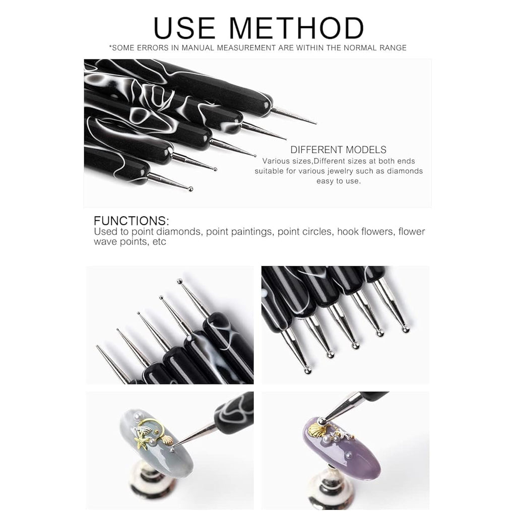 5Pcs Dotting Tools Nail Art Double-Ended Nail Dotting Tool Embossing Stylus Manicure Tools Nail Design, Painting, Sculpting & DIY Decorations Nail Art Tool (Black)