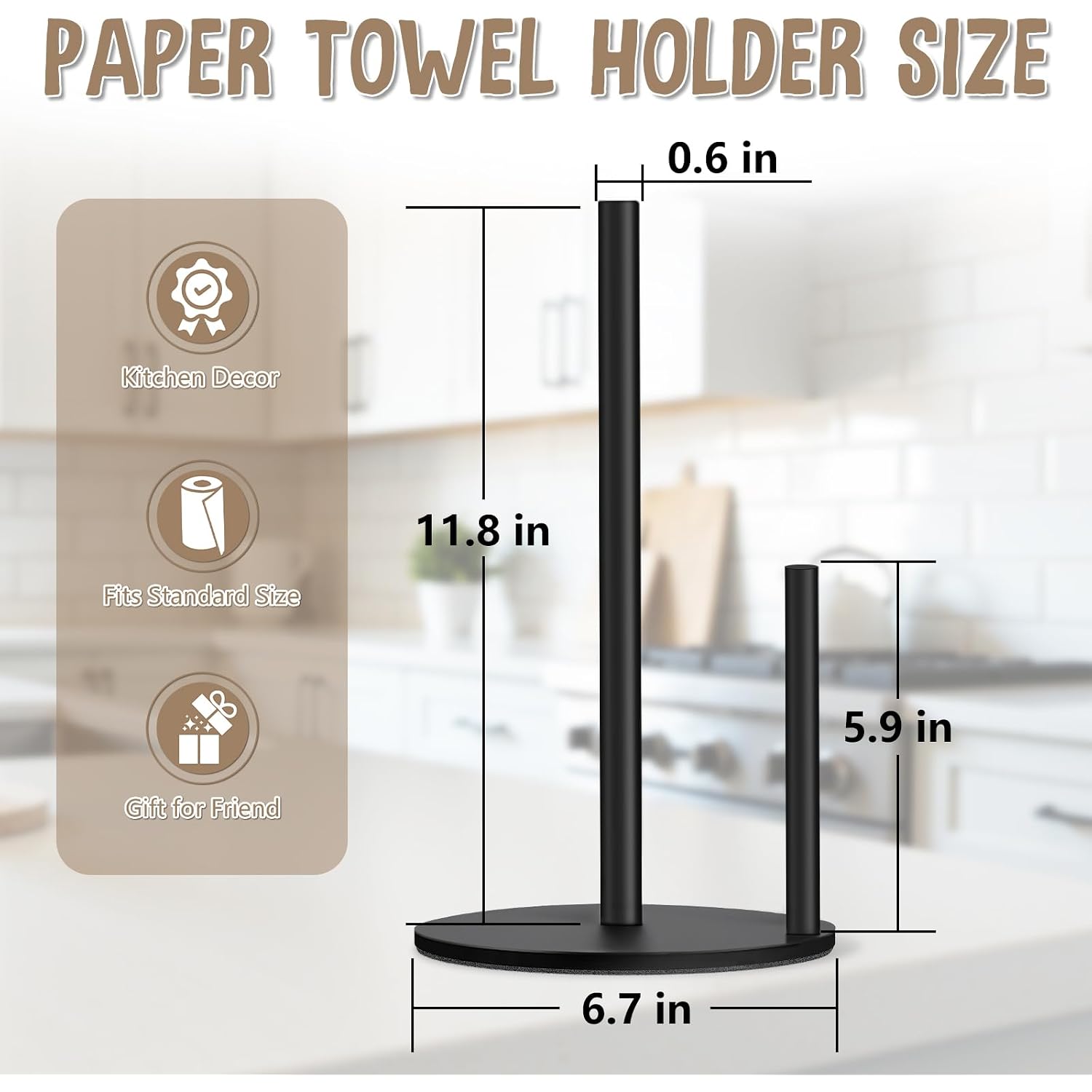 Paper Towel Holder Countertop, Premium Stainless Steel Black Paper Towel Holder With Anti Slip & Waterproof, Freestanding Countertop Paper Towels Holder For Kitchen, Tabletop, Bathroom