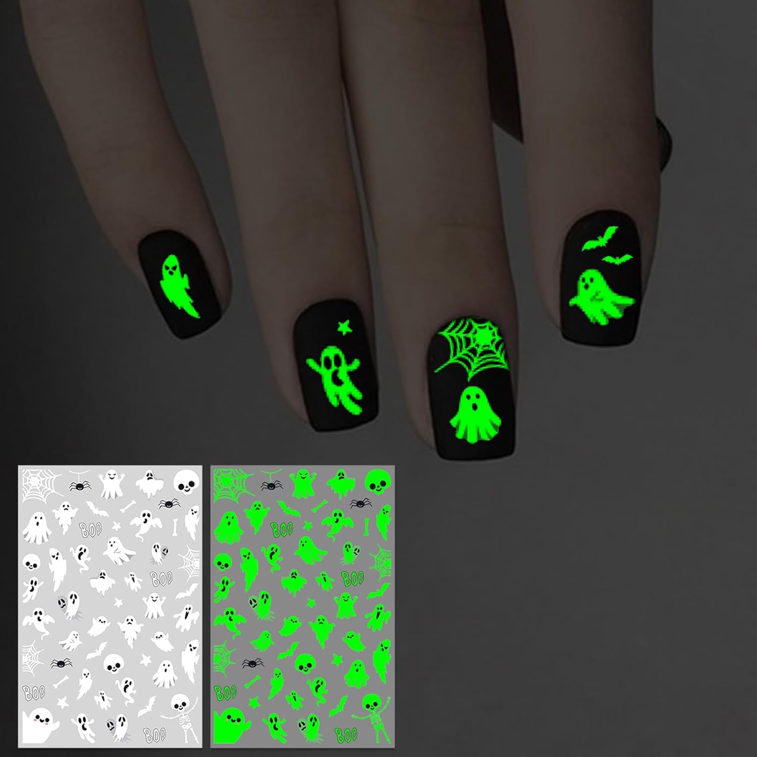 IDDFEVE Halloween Glow in The Dark Nail Stickers, 3D Luminous Ghost Nail Art Decals, Self-Adhesive Pumpkin Spider-Web Bat Design for DIY Supplies Decoration (8 Sheets)