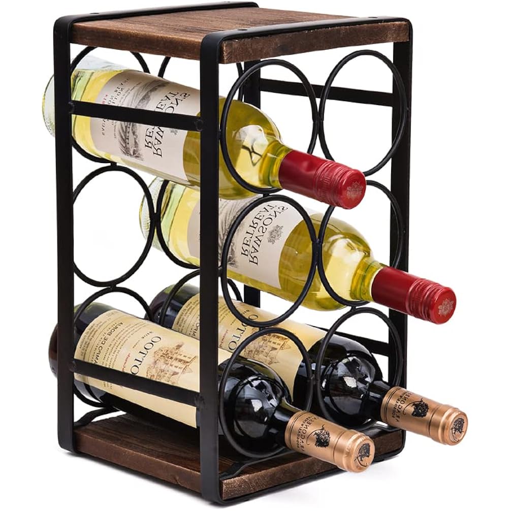 Rustic Wood Countertop Wine Rack 6 Bottles No Need Assembly Brown