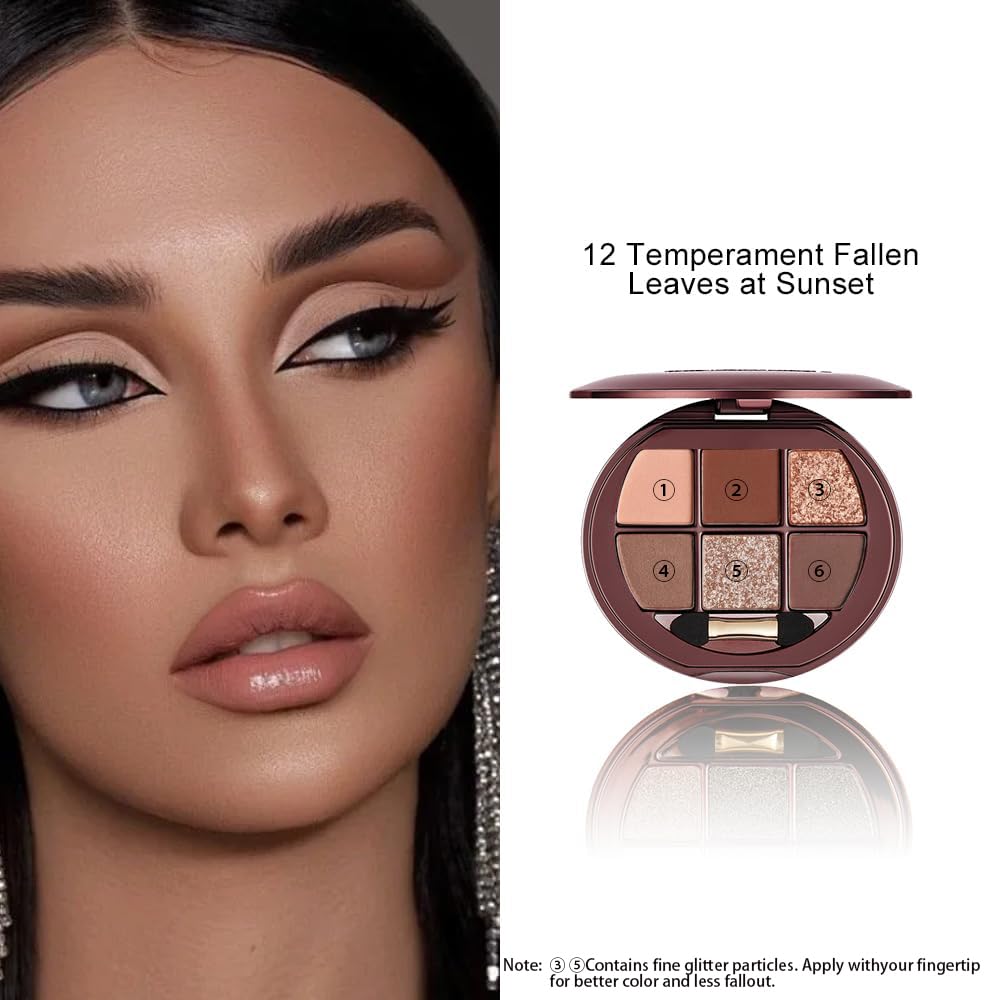 6 Color Matte Shimmer Eyeshadow Palette, Neutral Brown Eye Shadow, Nude Warm Tone Everyday Makeup Palette, Smooth Blendable Long Lasting Soft Glam Smokey Eye Look 12