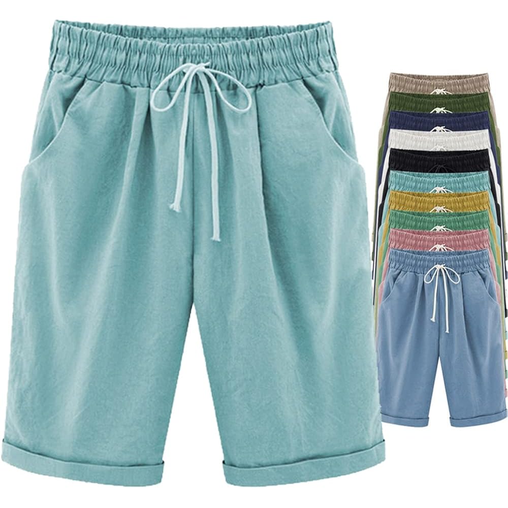 Shorts for Women Cotton Bermuda Shorts with Pockets Elastic Waist Knee Length Casual Athletic Walking Shorts