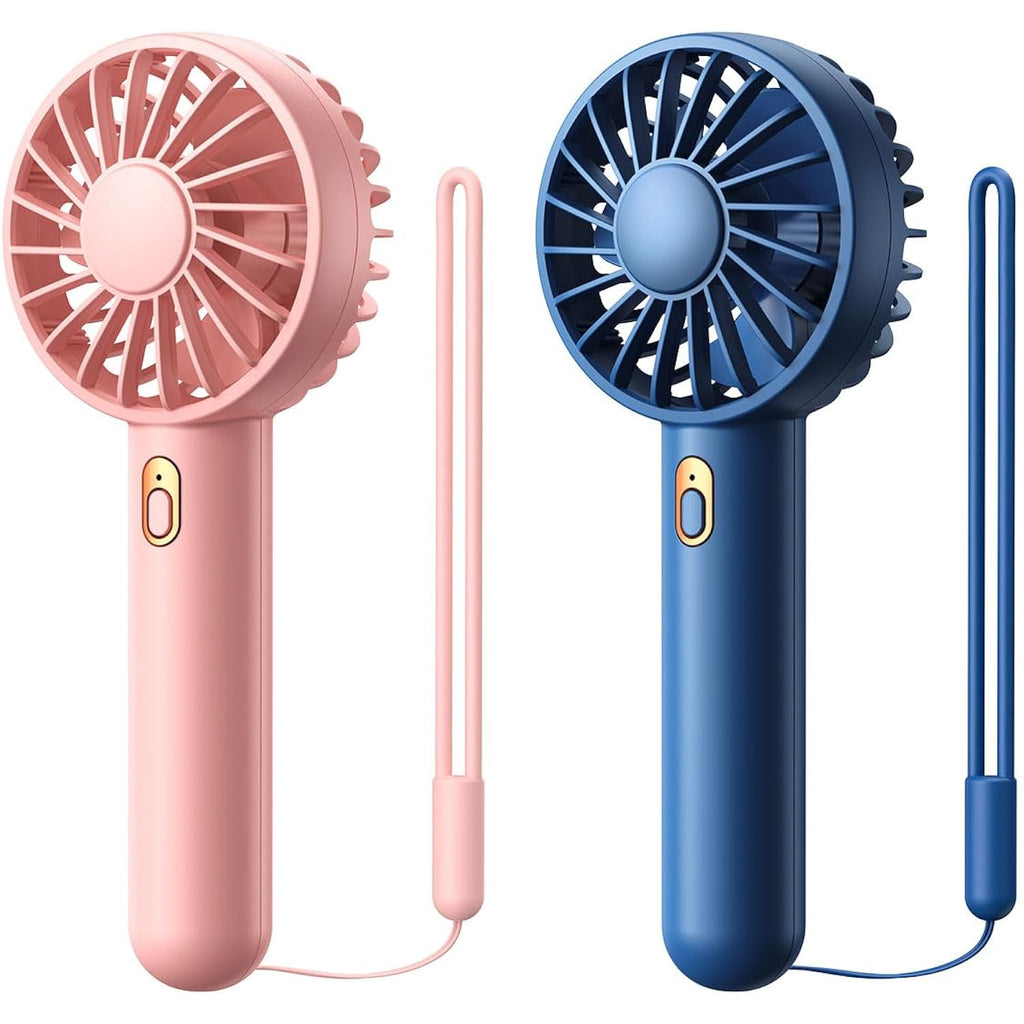 Warmco Mini Portable Fan 2-Pack - 3 Speed Rechargeable Handheld & Desk Fan With Base, Compact Cooling For Travel, Makeup, Summer Gift (Blue & Pink)