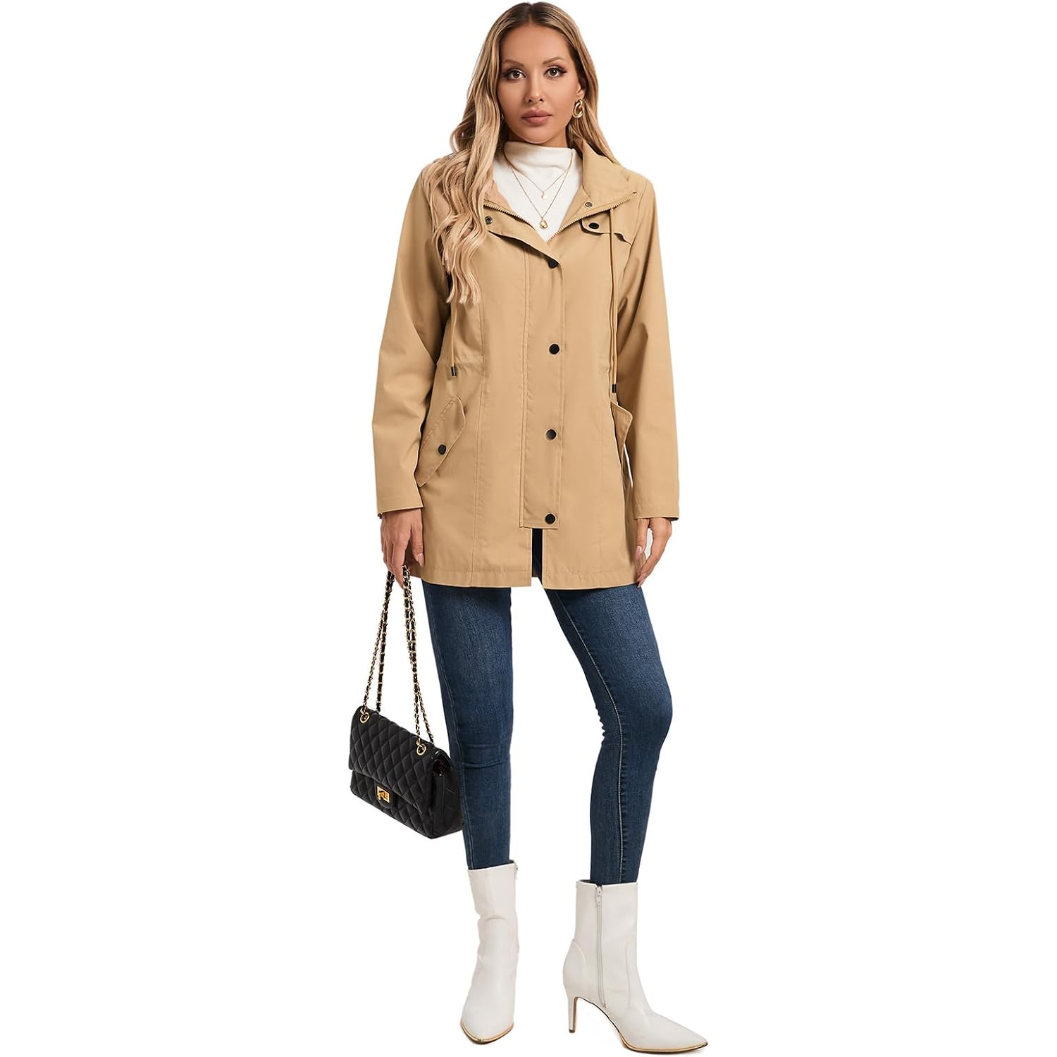 Saphirose Women'S Rain Jacket Waterproof Rain Coat With Hood Outdoor | Long, Windbreaker, Raincoat, Lightweight, Drawstring Waist, Snap Pockets, Camping, Travel, Daily Wear, Walking Dog