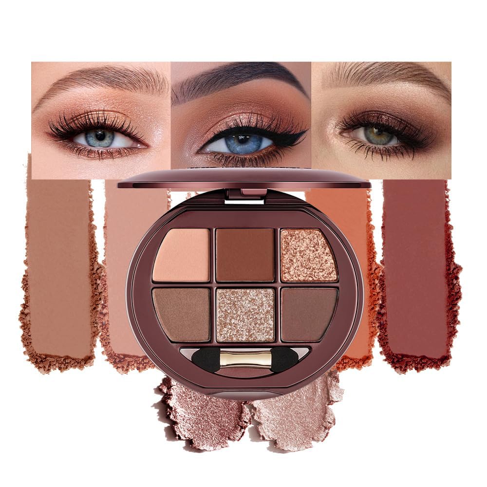 6 Color Matte Shimmer Eyeshadow Palette, Neutral Brown Eye Shadow, Nude Warm Tone Everyday Makeup Palette, Smooth Blendable Long Lasting Soft Glam Smokey Eye Look 12