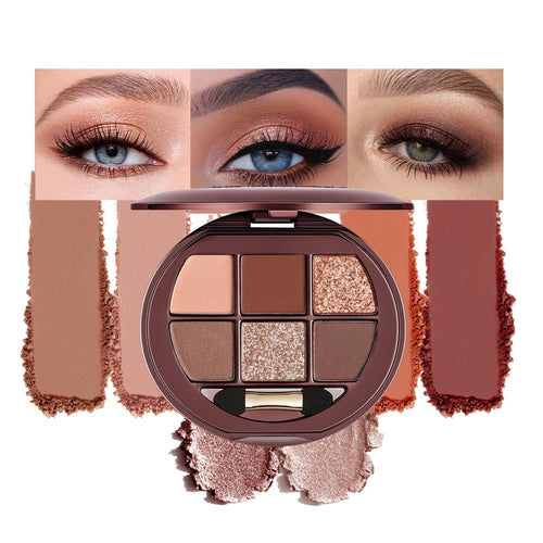 6 Color Matte Shimmer Eyeshadow Palette, Neutral Brown Eye Shadow, Nude Warm Tone Everyday Makeup Palette, Smooth Blendable Long Lasting Soft Glam Smokey Eye Look 12
