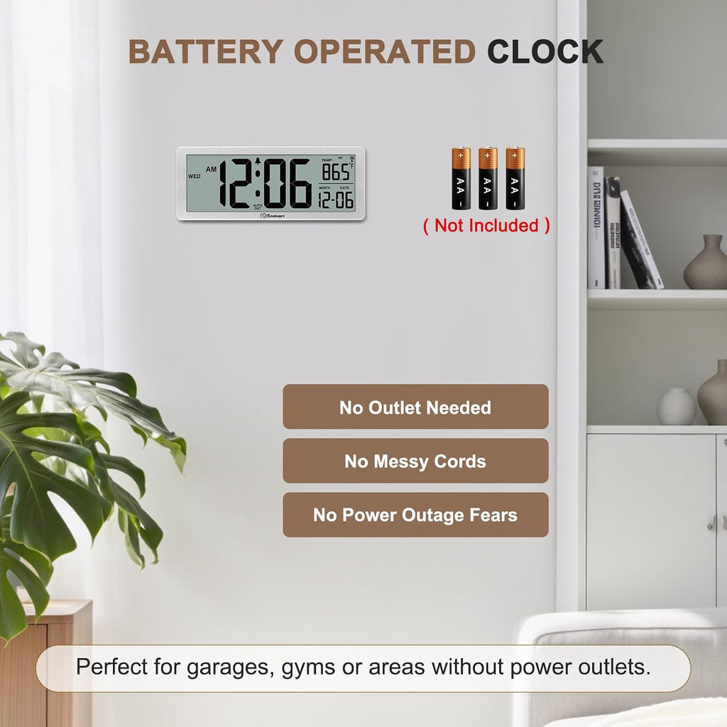 8.5" Atomic Digital Wall Clock, Never Needs Setting, Auto Time Sync, Accurate & Easy To Use Clock With Backlight, Battery Operated, Temperature, Date, Auto Dst, 4 Time Zones(Silver)
