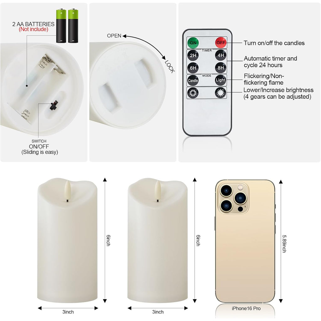 Raycare 6"X3" Outdoor Waterproof Flameless Candles With Remote And Timer, Battery Operated Led Electric Fake Pillar Candle For Christmas Home Wedding Decor, Ivory White, Set Of 2