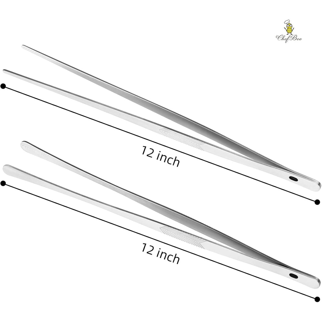 Kitchen Cooking Tongs Tweezers - 2Pcs 12" Stainless Steel Kitchen Utensils, Metal Fine Tweezers Tongs With Precision Serrated Tips For Chef, Serving Food, Grill, Culinary, Pasta, Salad, Bbq
