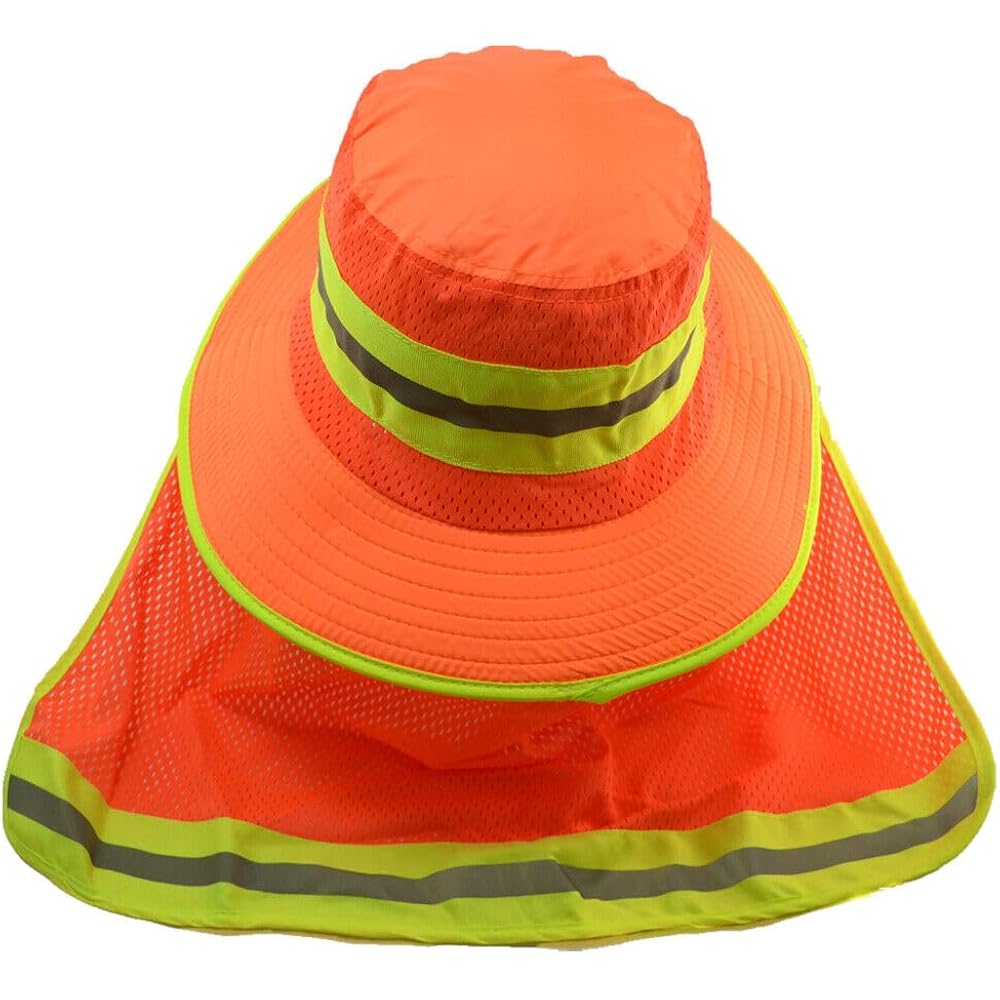 Glory Max High Visibility Reflective Work Safety Bucket Hat Cap Mesh Neck Flap Full Brim 1pc Green +1pc Orange