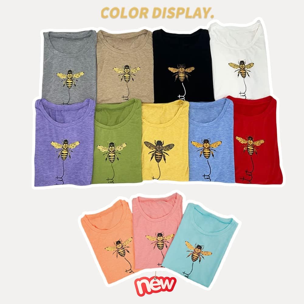 Womens Cute Bee Graphic Tee Shirts Short Sleeve Let It Bee Funny Letter Print Summer T-Shirt Tops Yellow